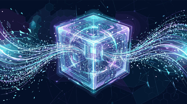 A futuristic glowing cube processes streams of digital data. Abstract tech art for AI, big data, blockchain, or quantum computing concepts. Neon lights on a dark background.