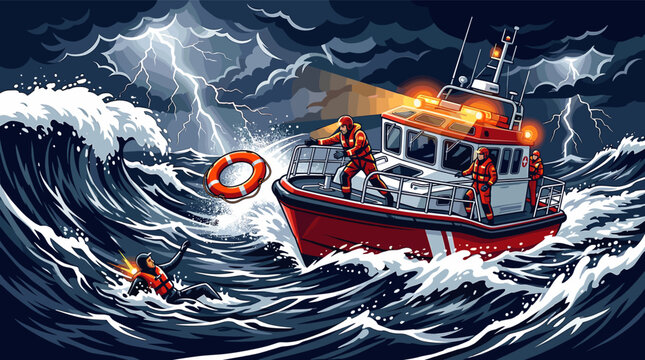 A dramatic illustration of a coast guard crew on a boat rescuing a person from a stormy sea with large waves and lightning. Concept for help, safety, teamwork, and crisis.