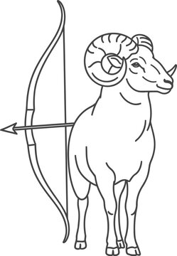 A black and white line art illustration of a ram standing beside a traditional longbow and arrow