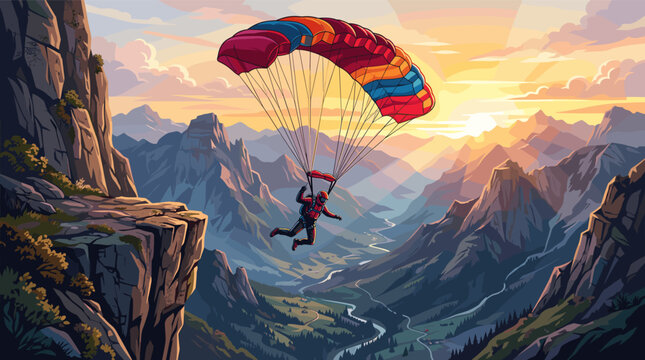 A colorful illustration of a paraglider soaring over a majestic mountain valley at sunset. Captures adventure, freedom, and extreme sports. Ideal for travel or motivational concepts.