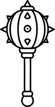 A black and white line art illustration of a medieval flail weapon with a spiked iron ball head