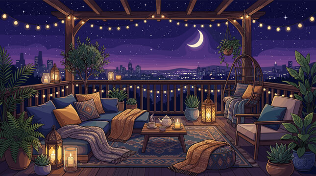 A cozy rooftop balcony at night with a city view. This peaceful illustration is perfect for relaxation, lofi backgrounds, or creating a warm, inviting atmosphere.