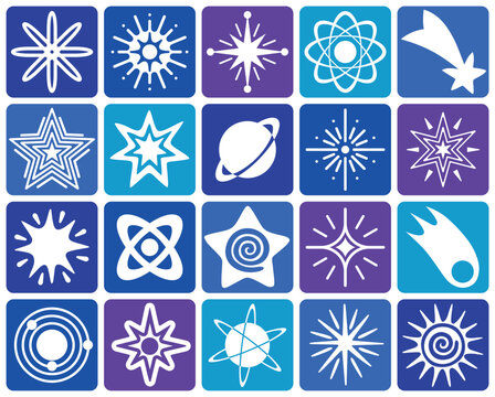 Hand drawn images of a stars with rays, planets with satellites, comets    doodle seamless pattern set. Background vector collection in vintage art style.