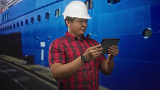 Young man engineer in hardhat and red plaid shirt consults and taps a tablet with both hands beside a large blue ship at a building site; concentration.