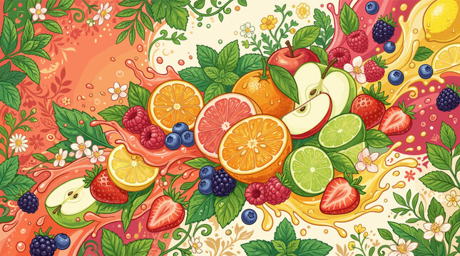 Vibrant, detailed illustration of fresh fruits and berries like oranges, apples, and strawberries with juice splashes. Perfect for healthy food packaging, menus, or summer ads.