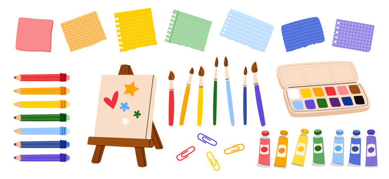 Children's art supplies set with pencils, paints, brushes, easel and paper notes. Collection of colorful school stationery. Educational vector illustration.