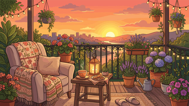 A cozy, illustrated balcony garden at sunset with an armchair, tea, and flowers. This peaceful city view is perfect for relaxation, wellness, and lo-fi backgrounds.