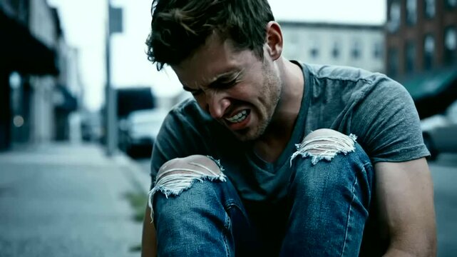man sits on curb in urban street clutching leg pain and grimace or urban outdoor man grimacing in pain while gripping leg on city street