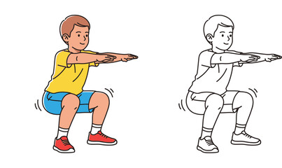 Naklejka premium Vector illustration of a young boy doing squats. Includes colored version and black and white outline for coloring book. Kids fitness and exercise concept.