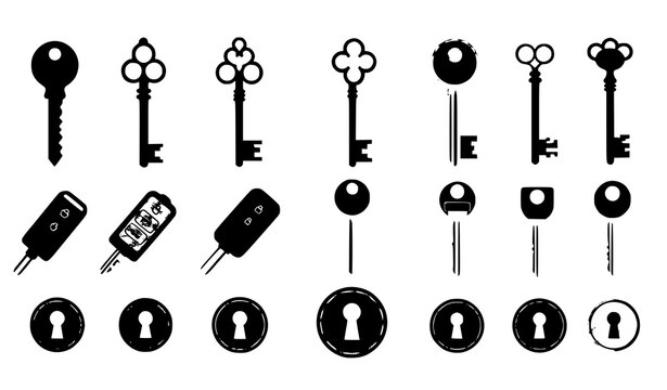 Minimal Key and Lock Icon Set &ndash; Flat Vector Silhouettes for Security