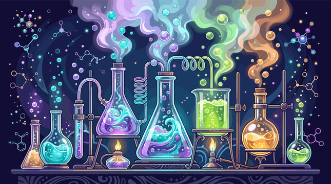 A vibrant, whimsical illustration of a chemistry lab with bubbling potions and colorful smoke. Perfect for science, discovery, magic, innovation, and creative research concepts.