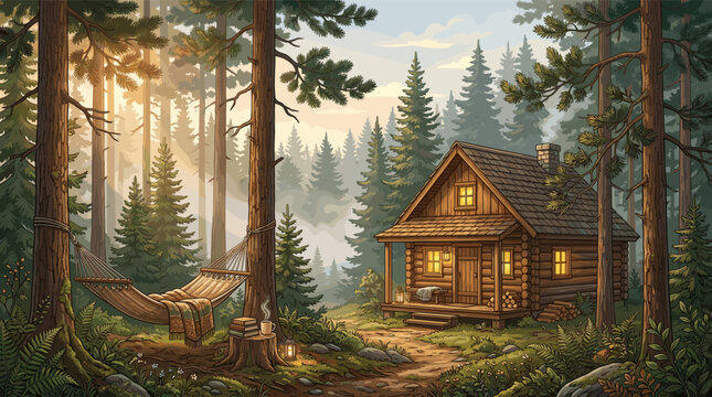 Cozy log cabin illustration in a peaceful forest at sunset. A hammock and warm lights create a serene, relaxing mood. Perfect for getaway, travel, or lifestyle concepts.