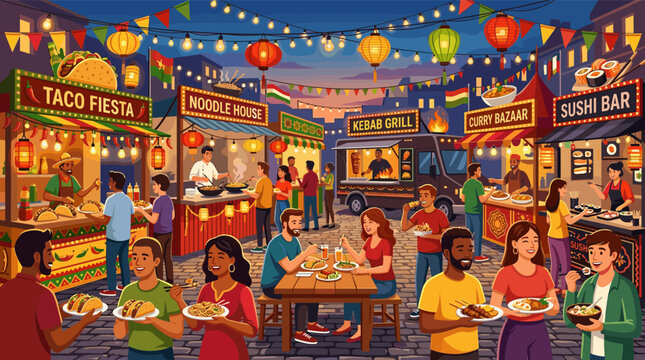 A vibrant illustration of a diverse crowd enjoying an international street food festival at night. People eat tacos, noodles, and sushi under festive lights. For cultural events.