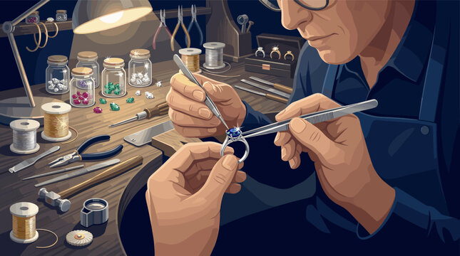 Illustration of a master jeweler setting a blue gemstone in a ring at his workbench. Evokes craftsmanship, luxury, precision, and the value of handmade goods.
