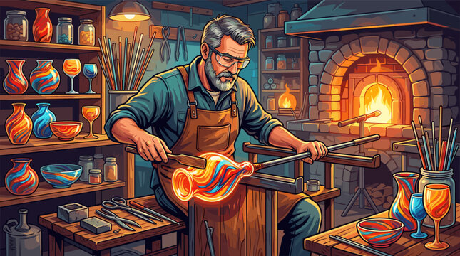 Illustration of a focused male artisan glassblower shaping molten glass in his workshop. Concept for craftsmanship, small business, and traditional handmade art.