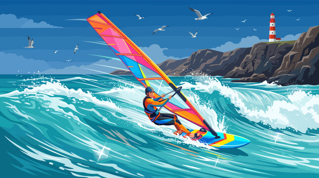 Vibrant vector illustration of a windsurfer riding a powerful ocean wave. This dynamic scene with a lighthouse is perfect for adventure, travel, and extreme sports concepts.