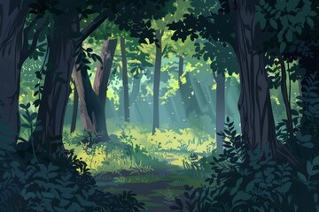 Obraz premium Sunbeams are filtering through the trees in a lush, green forest, creating a magical atmosphere