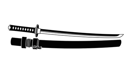Fototapeta premium A traditional Japanese katana sword lies on its black scabbard on a white surface.