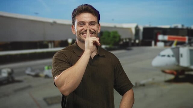 Young hispanic man at airport terminal smiling with finger to lips in a playful shushing gesture near jetway and airplane apron; playful secrecy.
