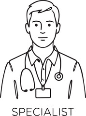 Fototapeta premium A simple line drawing of a male medical specialist with a stethoscope around his neck and a badge on his lapel on a white background