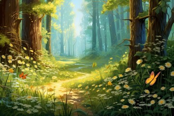 Obraz premium Sunlight filtering through trees illuminating a winding path with daisies and butterflies