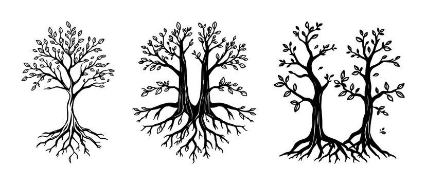 Trees and roots set with stark black silhouettes of trunks and intertwined roots featuring tree, root, leaf with nature and outline