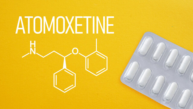 Atomoxetine medication for ADHD treatment, non stimulant therapy for attention deficit disorder, mental health drug concept, focus improvement and cognitive function support, healthcare and psychiatry