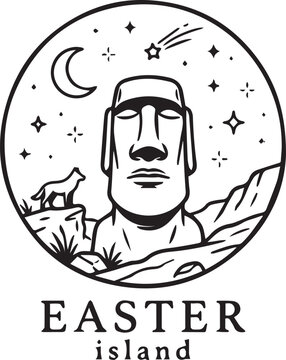 A black and white illustration of a Moai statue on Easter Island with a starry night sky and a crescent moon in the background