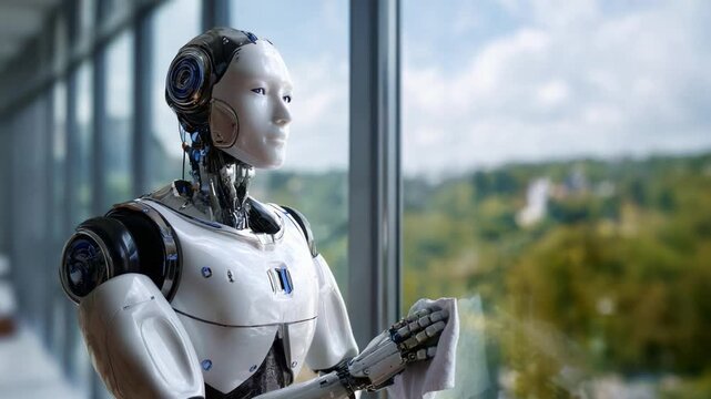 A humanoid robot meticulously cleans a large window while gazing out at the scenic view, demonstrating its advanced design and capabilities in a modern environment.