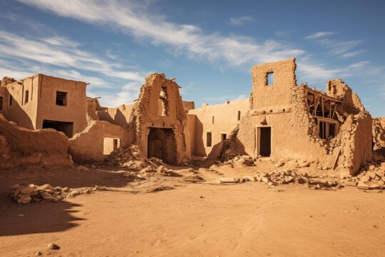 Deserted mud brick structures showing decay and historical abandonment under blue sky