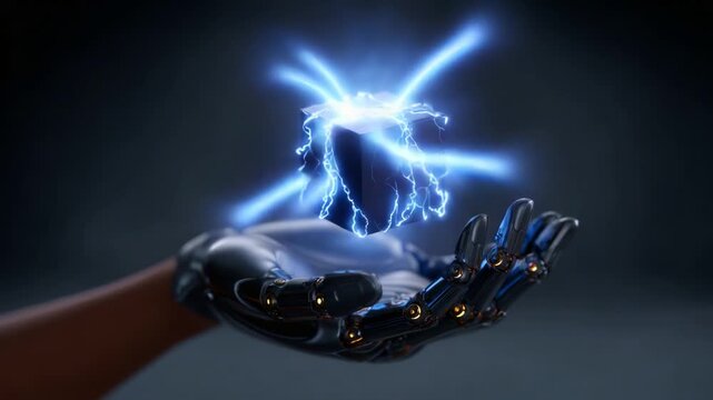 A robotic hand delicately holds a floating energy cube, surrounded by electric sparks and glowing lights, symbolizing advanced technology and innovation.