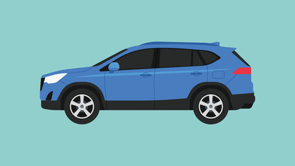 Modern blue SUV car in side view, passenger vehicle design for family use, urban mobility, travel, and transportation concept, ideal for automotive, road, and lifestyle, flat vector illustration