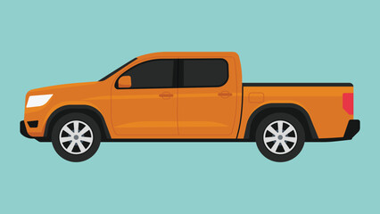 Orange pickup truck in side view, showing a double cab utility vehicle for transportation, logistics, and everyday driving concept, car for road safety theme, flat vector illustration