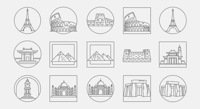 A collection of 15 black and white line drawings of famous landmarks from around the world in various circular and square frames on a plain white background.