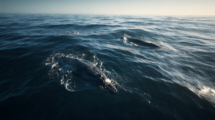 Fototapeta premium Two whales swimming in the ocean with waves and sunlight reflecting on the water surface