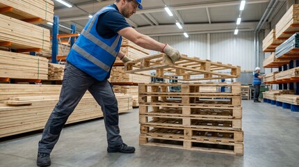 Fototapeta premium Warehouse worker stacking wooden pallets in industrial environment 