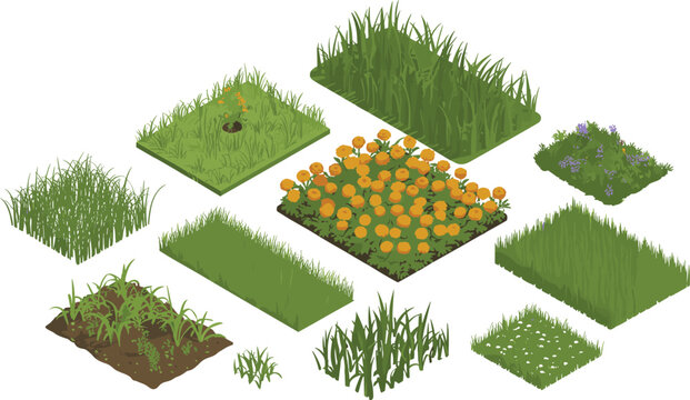 Isometric grass and garden elements collection with flowers lawn patches landscaping greenery botanical nature outdoor illustration design set