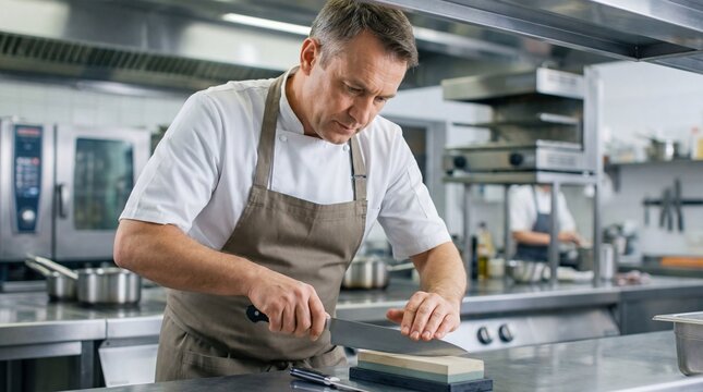 Chef sharpening knife on whetstone in professional kitchen  