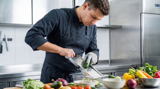 Chef using mandoline to slice vegetables in modern kitchen  