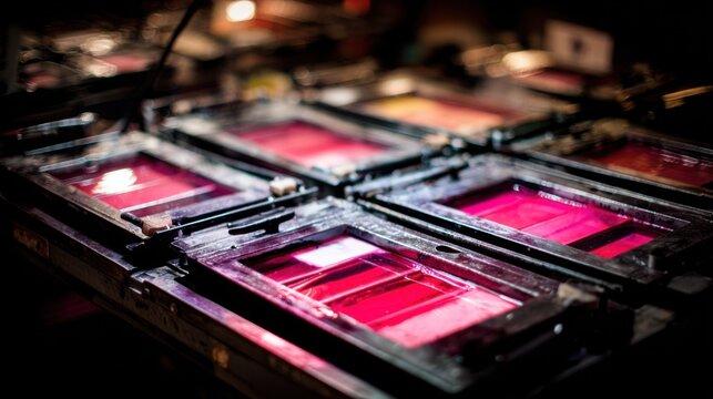Closeup medium shot of photographic trays filled with developer and fixer chemicals in a dimly lit darkroom the enlarger softly glowing under the red safelight and drying lines out