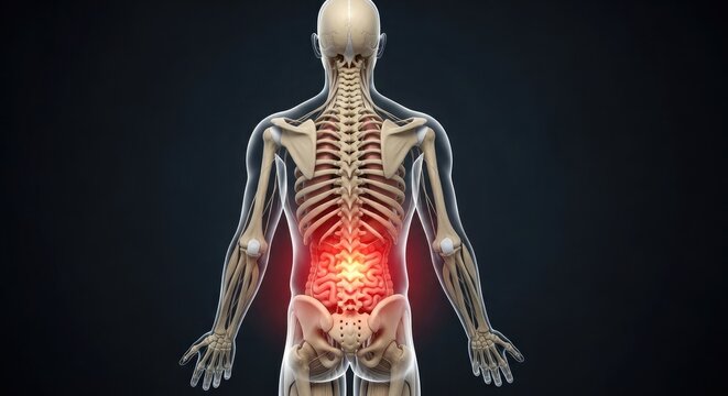 Human skeleton with highlighted lower back and abdominal pain