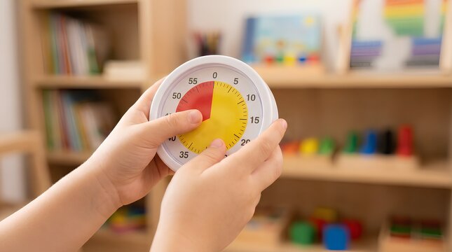 Child hands holding visual countdown timer ADHD time management classroom