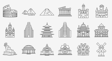 Fototapeta premium A graphic illustration of 20 famous landmarks from around the world in gray line art on a white background.