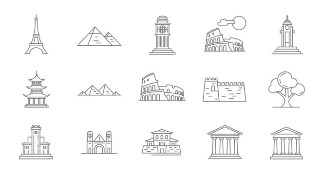 Line drawings of famous landmarks and monuments from around the world on a white background.