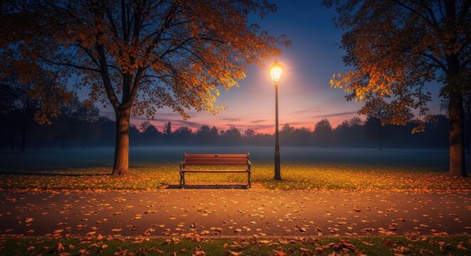 Evening park scene with bench and lamppost under autumn trees