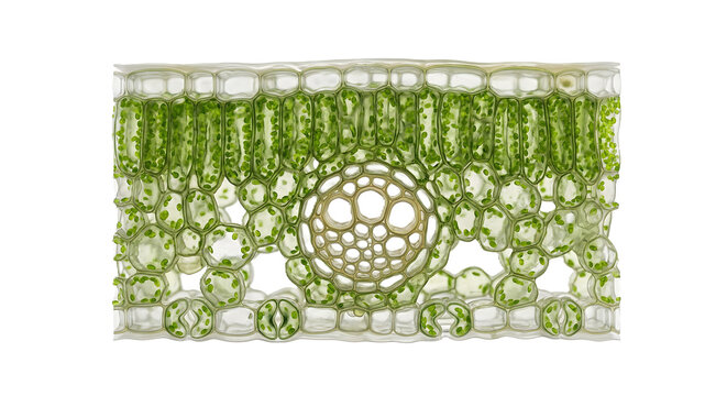 Highly detailed 3D microscopic cross-section of plant leaf cellular anatomy showing chloroplasts and stomata.