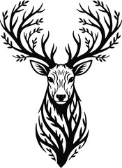 Fototapeta premium Deer head with tree branch antlers and body outline, black vector art on transparent background, artistic design PNG