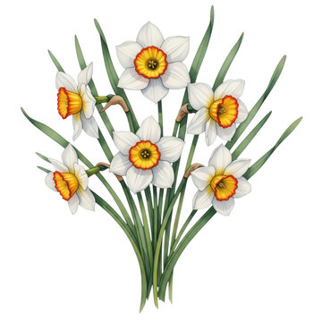 Bouquet of white daffodils with orange and yellow centers isolated on a transparent background orange centers