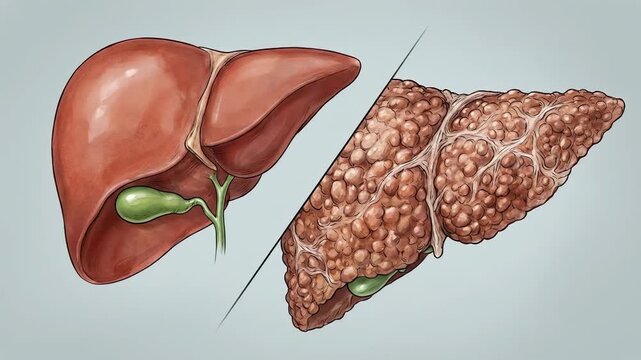 Healthy human liver, normal functional anatomy, vital organ comparison, diseased cirrhotic liver, severe chronic medical condition, significant cellular damage, pathology concept