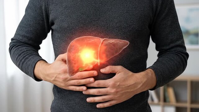 Man experiencing severe abdominal liver pain, a medical concept illustrating hepatic discomfort, chronic disease, internal organ ailment, healthcare issue